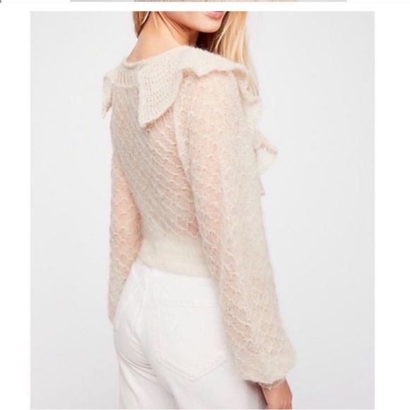 Free People Macaroon Mohair Wool Sweater Ivory Cropped Puff Sleeve Size L - Picture 3 of 10